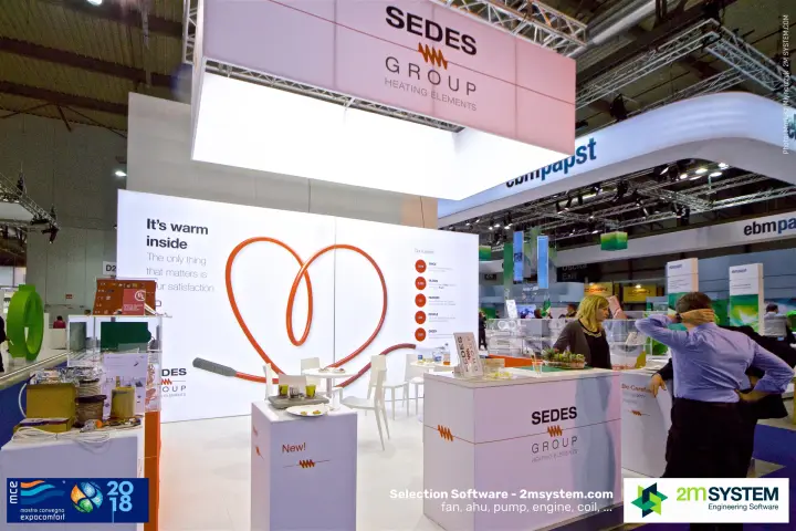 Sedes Group heating elements stand with 'It's warm inside' heart graphic at MCE 2018