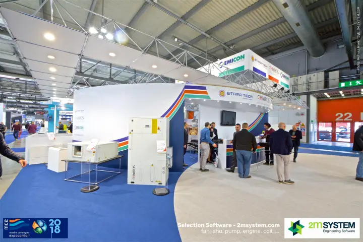 Shared Ethra Tech, Hidros and Emicon stand with curved striped wall at MCE 2018