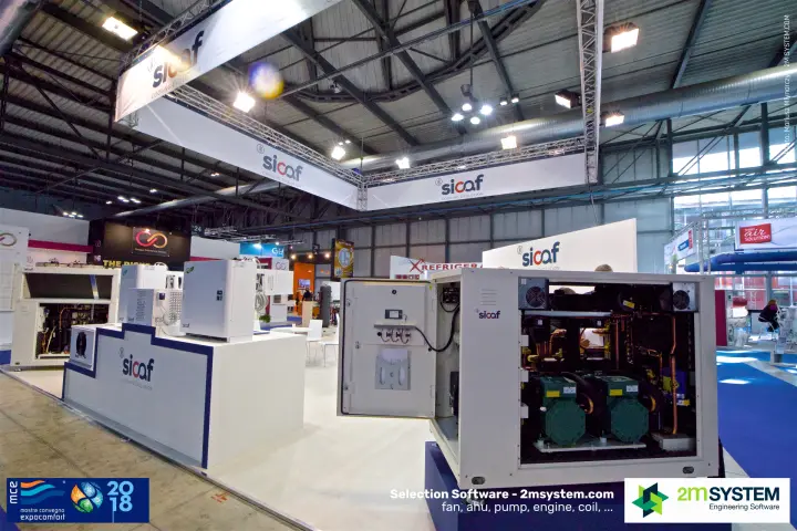 Sicaf condensing unit with open doors showing twin compressors at MCE 2018