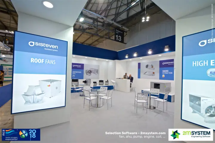Sisteven illuminated Roof Fans panel at the stand entrance at MCE 2018