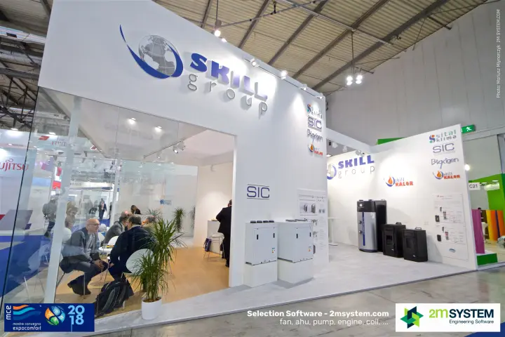 Skill Group stand with glass meeting room, SIC units and Skill Kalor stoves at MCE 2018