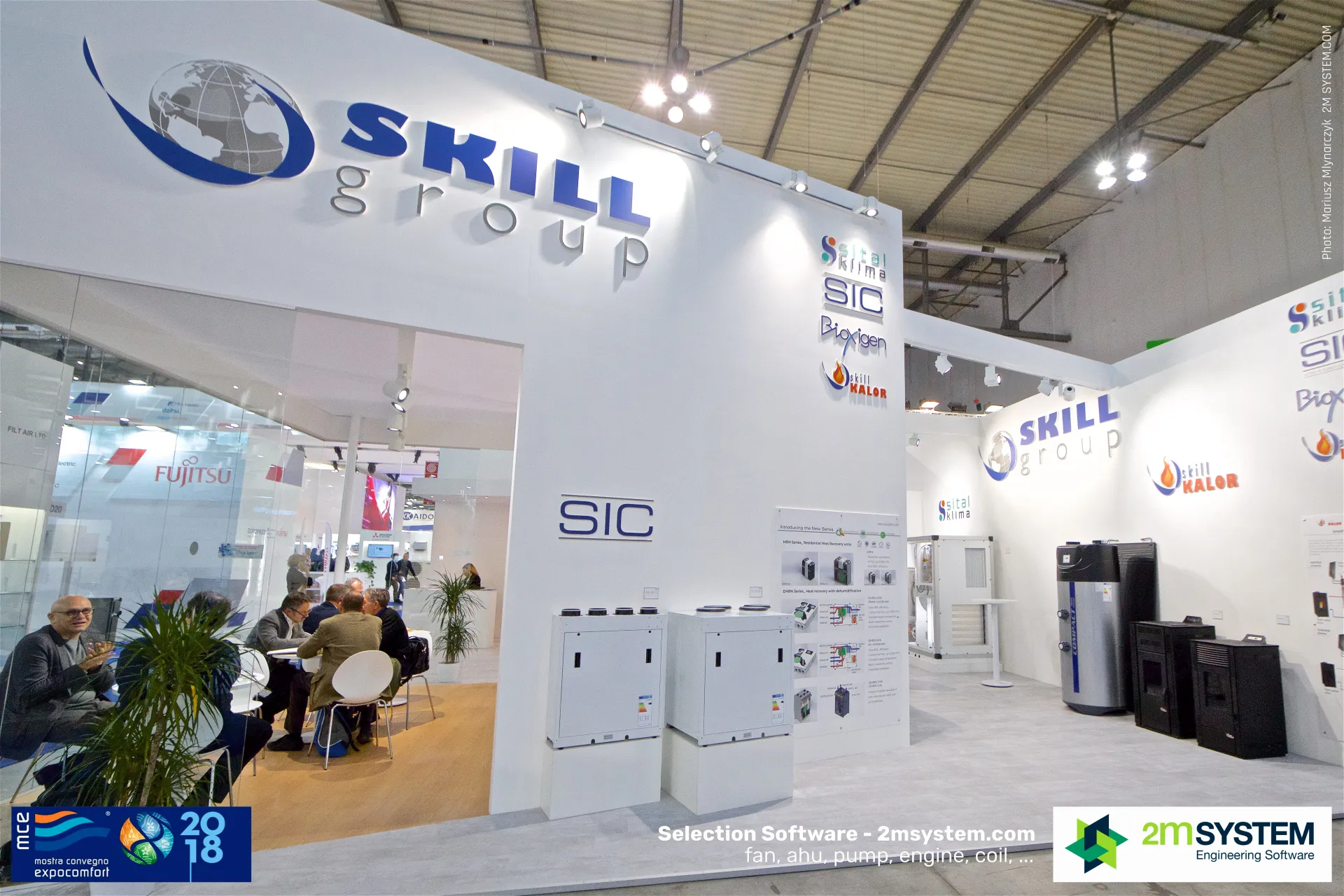 Skill Group stand with SIC heat recovery units and pellet stoves at MCE 2018