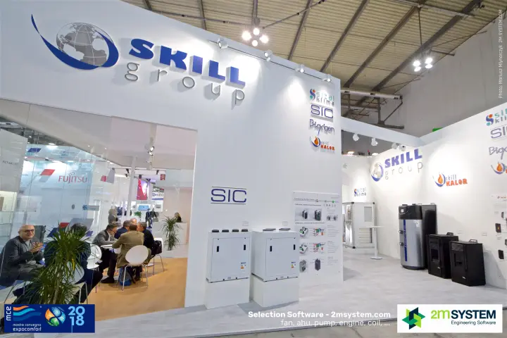 Skill Group stand with SIC heat recovery units and pellet stoves at MCE 2018