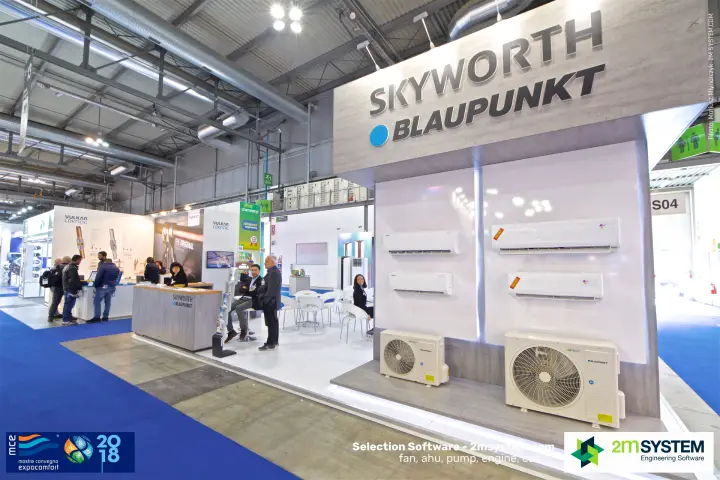 Skyworth and Blaupunkt split air conditioners on a grey stand wall at MCE 2018