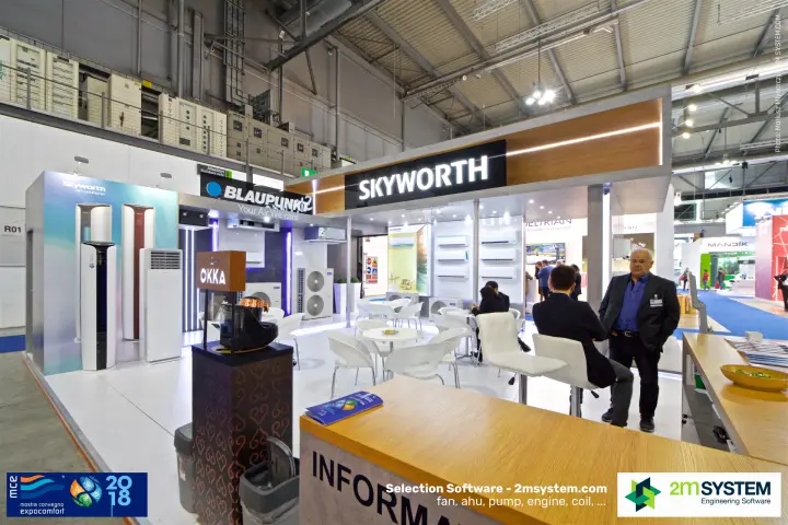 Skyworth stand with floor-standing air conditioners and Blaupunkt corner at MCE 2018