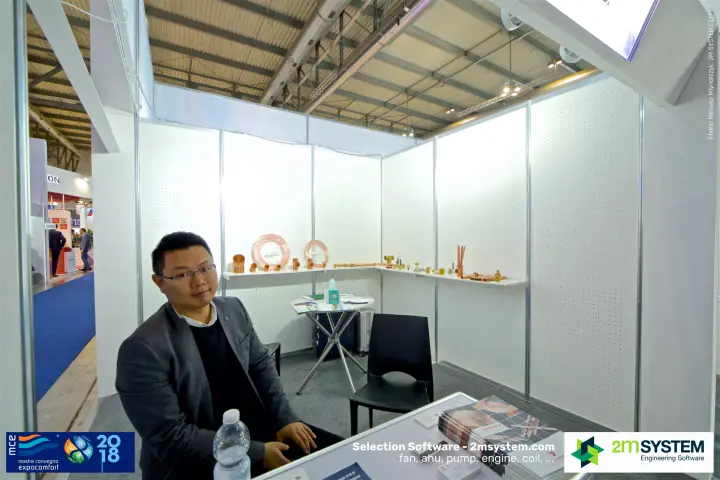 Small shell-scheme booth with copper tube coils and brass fittings at MCE 2018
