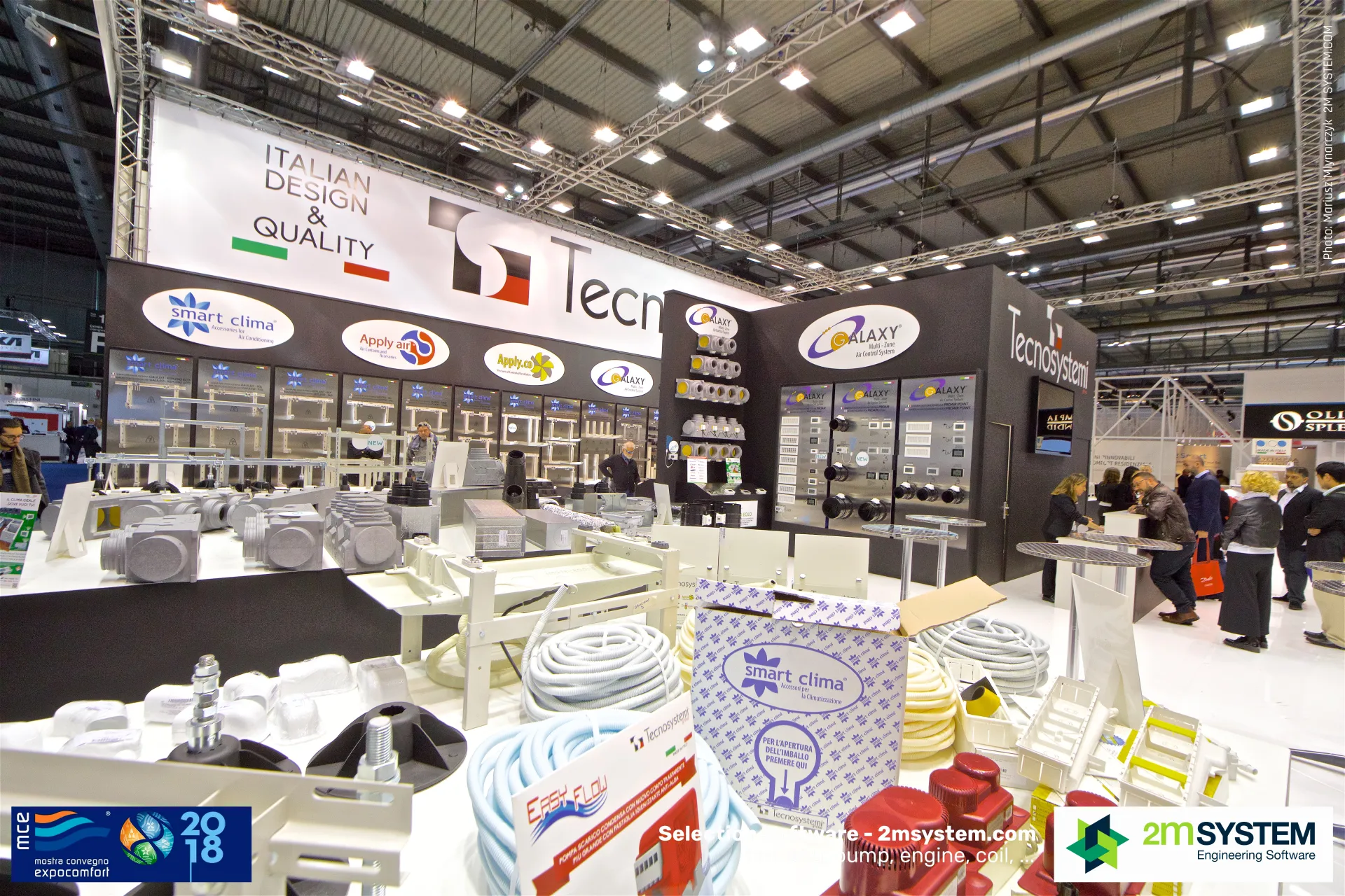 Smart Clima installation accessories laid out across the Tecnosystemi stand at MCE 2018