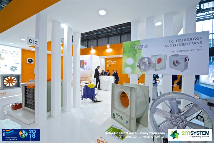 Sodeca centrifugal and axial fans in front of white columns on stand C12 at MCE 2018