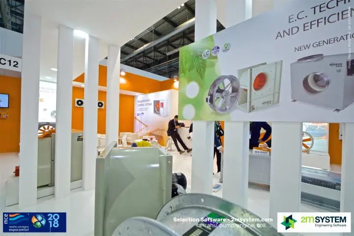 Sodeca EC fan range panel seen through white stand columns at MCE 2018