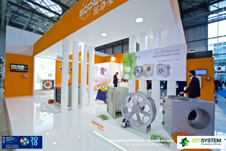 Sodeca stand C12 with axial and box fans under an E.C. fans banner at MCE 2018