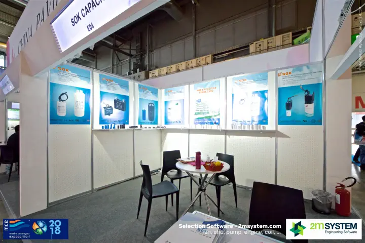 SOK Capacitor booth in the China Pavilion with motor capacitor posters