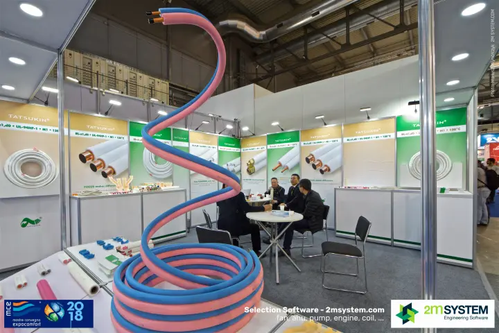 Spiral of blue and pink insulated copper pipe at the Tatsukin stand
