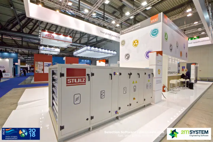 Stulz air handling unit with red logo panel on a white glossy stand at MCE 2018