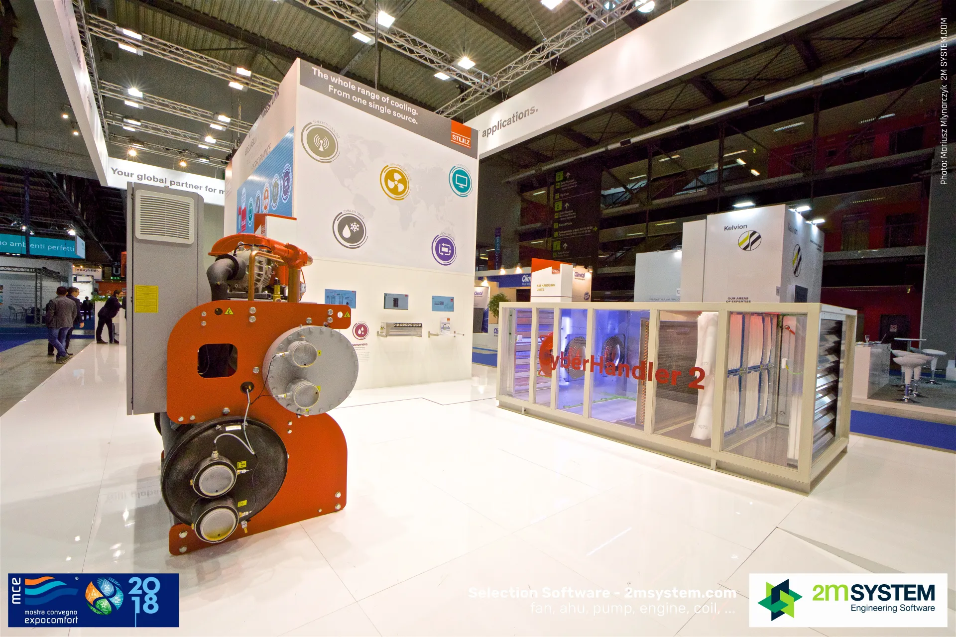 Stulz CyberHandler 2 with glass panels beside an orange compressor assembly at MCE 2018