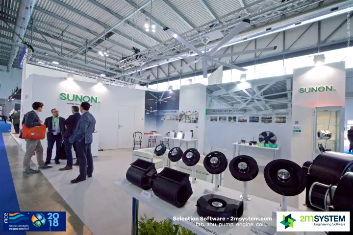 Sunon stand with HVLS ceiling fan and row of EC centrifugal fans at MCE 2018