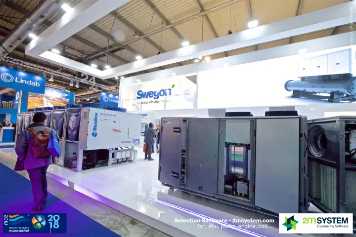 Swegon air handling unit with open doors next to a BlueBox Omicron Rev S4 at MCE 2018