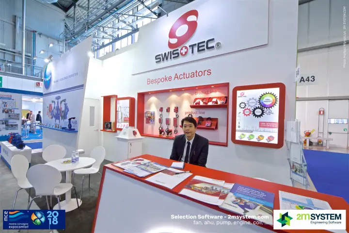 Swisotec stand presenting bespoke actuators with staff at the desk