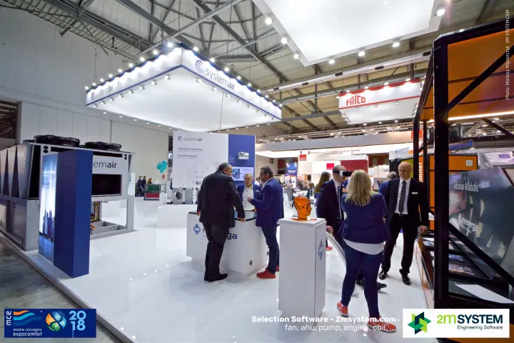 Systemair stand with fire safety products wall and Menerga counter
