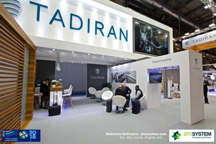 Tadiran lounge with white swivel chairs and "Tadiran Invisible" portal at MCE 2018