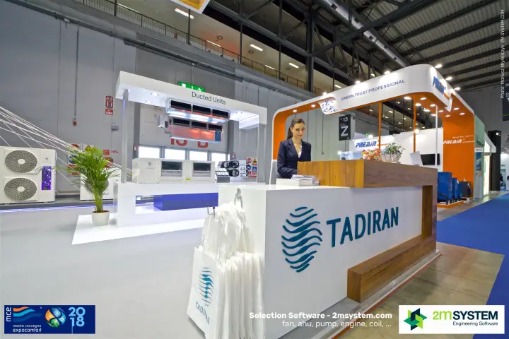 Tadiran reception desk with wood top in front of Ducted Units display at MCE 2018