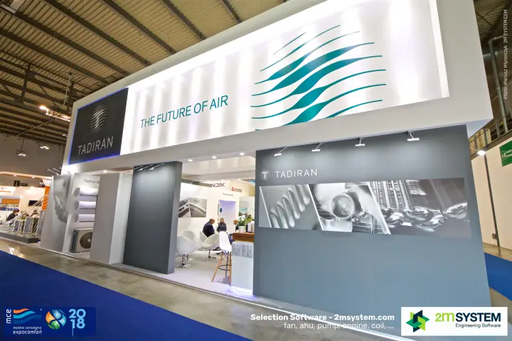 Tadiran stand front with "The Future of Air" illuminated fascia at MCE 2018