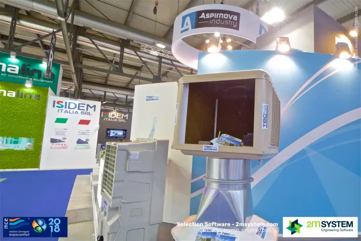 Tecna evaporative air cooler on a duct stand at Aspirnova Industry at MCE 2018