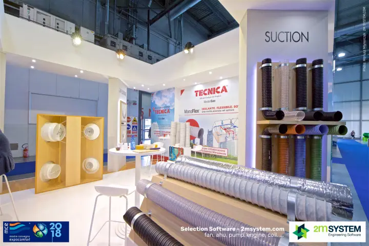 Tecnica flexible suction hoses and diffusers on wooden racks at MCE 2018