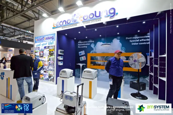 Tecno Cooling misting pumps, control boxes and a mist-spraying fan on display at MCE 2018