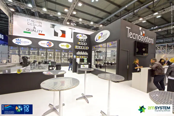 Tecnosystemi stand with Italian Design & Quality header and bar tables at MCE 2018