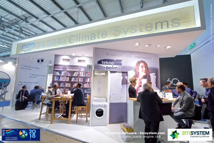 Tekno Point stand with meeting tables and the Invisible Climate Systems fascia at MCE 2018