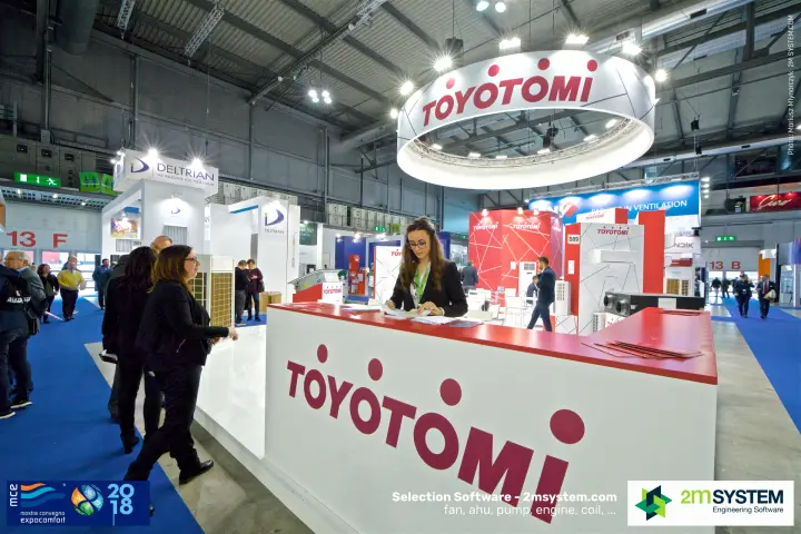Toyotomi reception counter with large logo beside the aisle