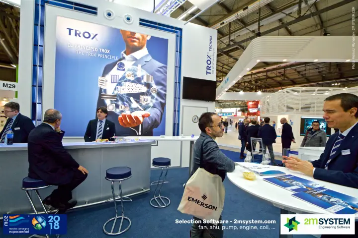 TROX stand bar and meeting table under "The TROX Principle" backdrop at MCE 2018