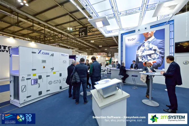 TROX X-CUBE unit, swirl diffuser plinth and stand bar under Hall 13 sign at MCE 2018