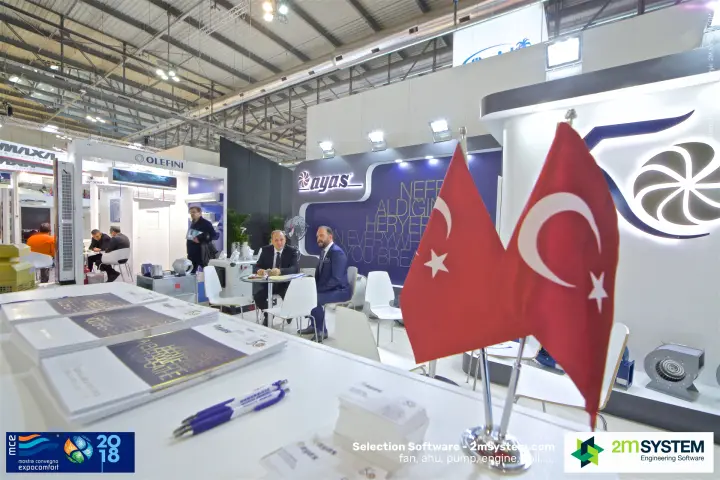 Turkish flags and Ayas catalogues on the stand counter at MCE 2018
