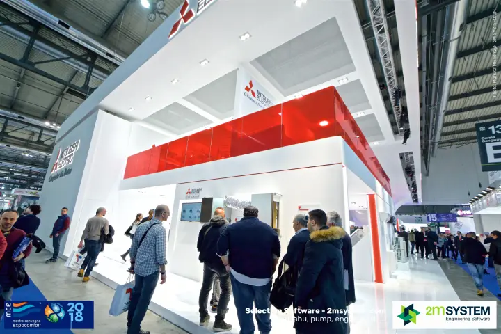 Two-storey Mitsubishi Electric stand with red glass upper deck in Hall 13 at MCE 2018