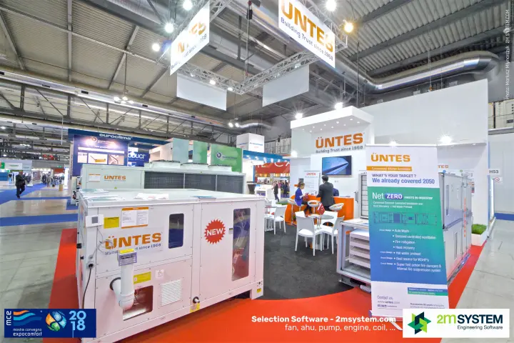 Üntes stand with new packaged unit and kitchen ventilation roll-up at MCE 2018