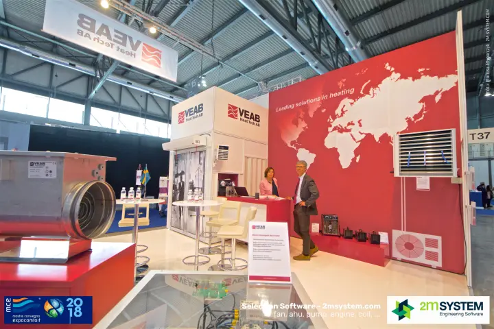 VEAB electric duct heater in front, hanging banner over the stand at MCE 2018