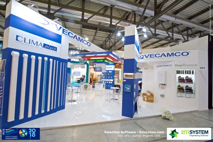 Vecamco stand D54 with Clima Plus trunking wall and Drop Chemical showcase at MCE 2018