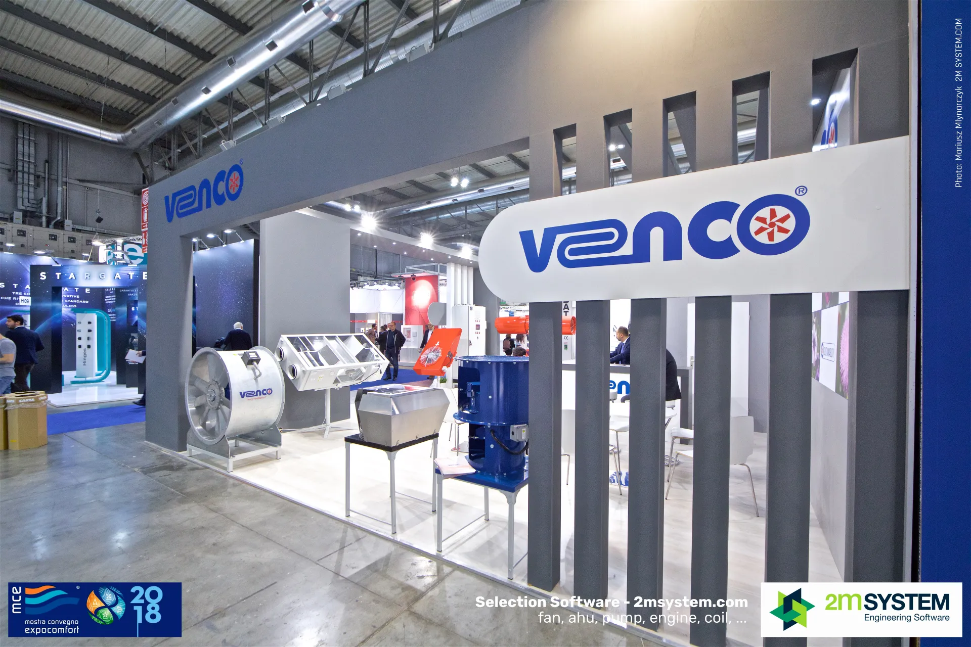 Venco fan range seen through the slatted grey stand facade at MCE 2018