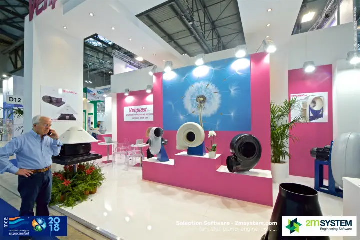 Venplast stand with corrosion-proof plastic fans on pink steps at MCE 2018