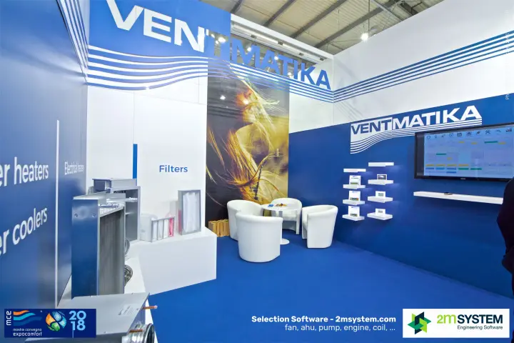 Ventmatika lounge with control panels and HVAC software screen at MCE 2018