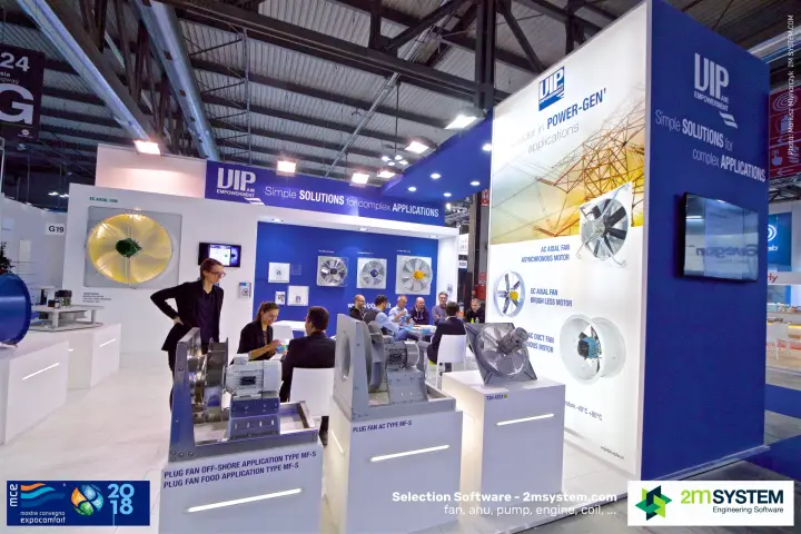 VIP plug fans for off-shore and food applications on lit plinths at MCE 2018