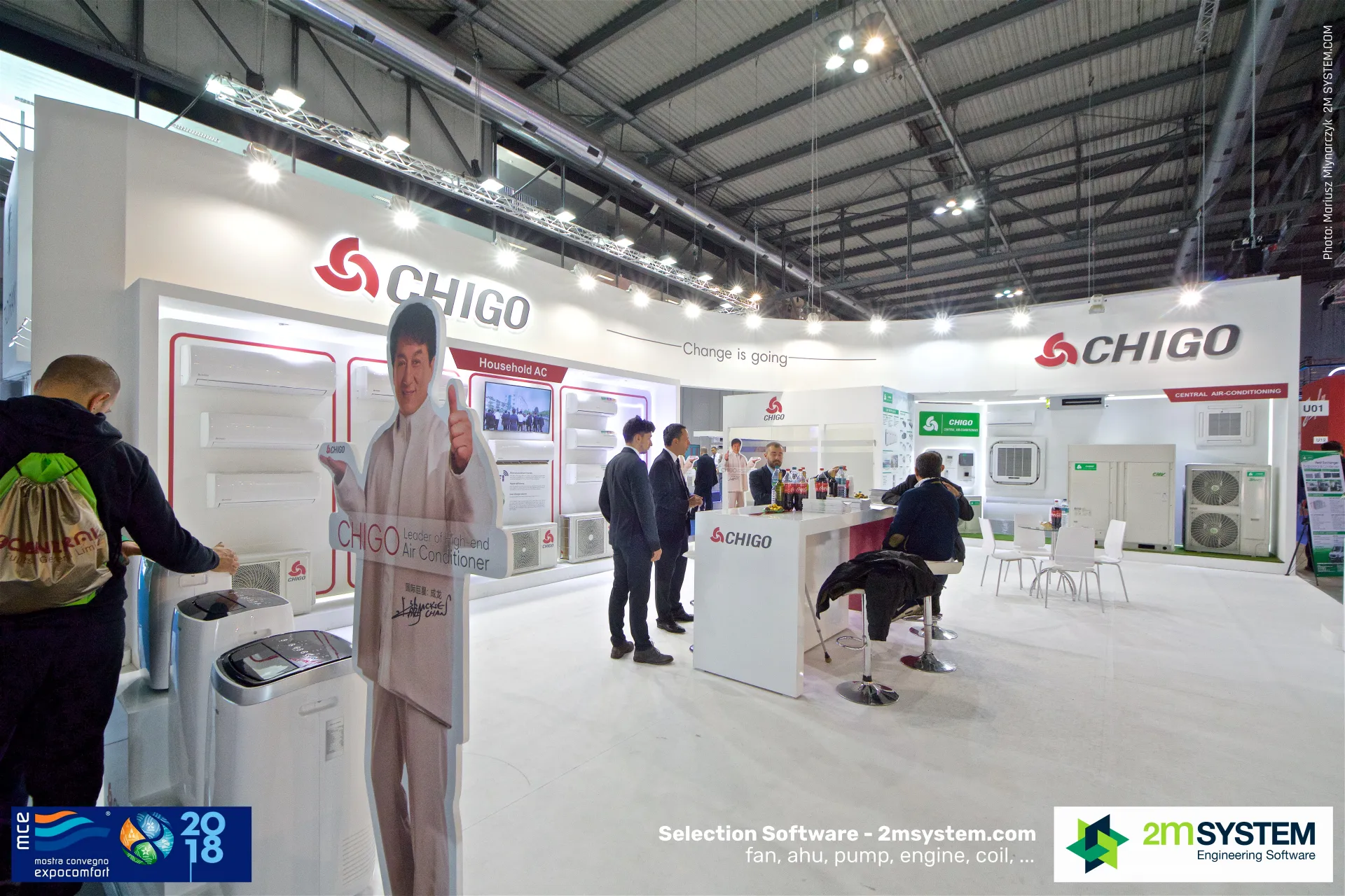 Visitors at Chigo's household air conditioner and portable unit display at MCE 2018