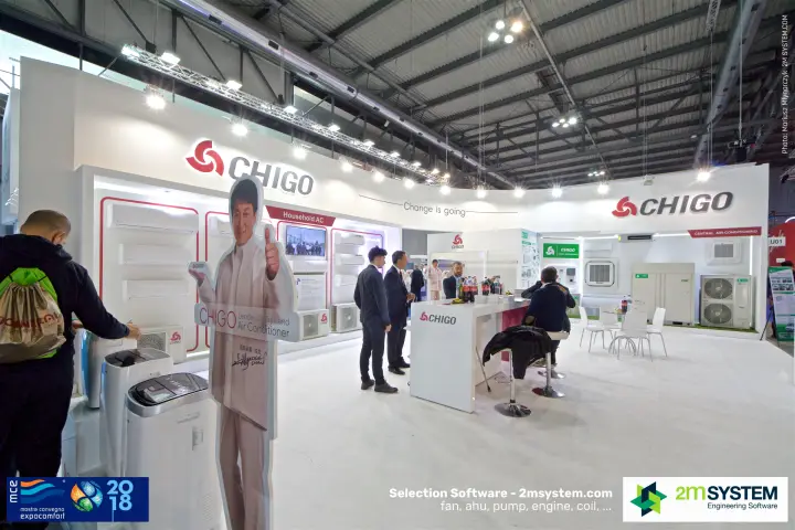 Visitors at Chigo's household air conditioner and portable unit display at MCE 2018