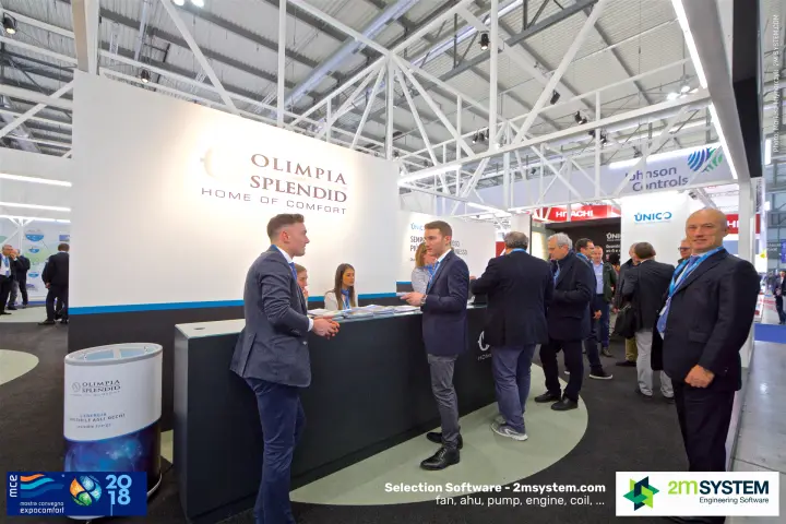 Visitors in conversation at the Olimpia Splendid information desk at MCE 2018
