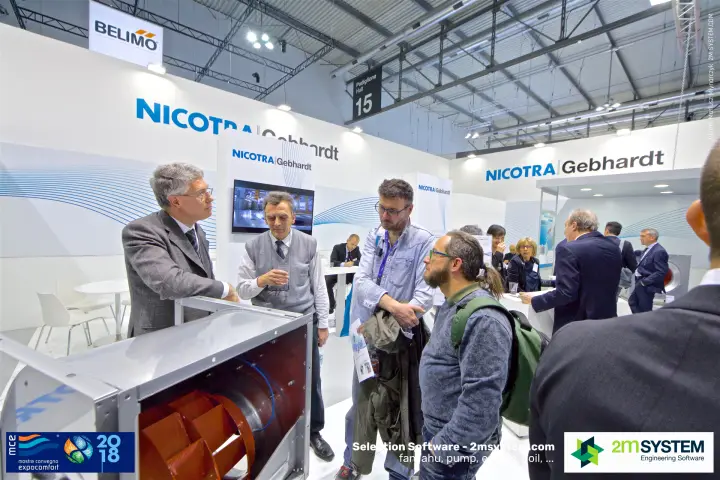 Visitors in discussion around a Nicotra Gebhardt centrifugal fan