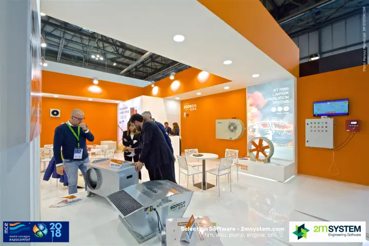 Visitors inspect a new-series Sodeca fan box beside the jet fan display at MCE 2018