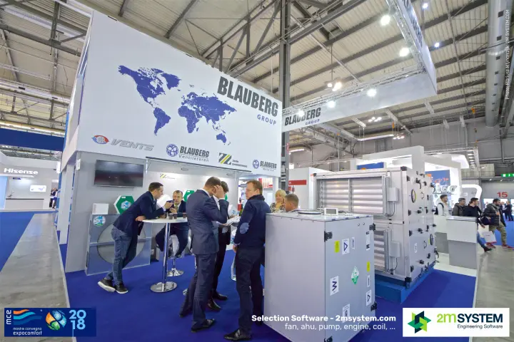 Visitors meeting under the Blauberg Group world map beside AHUs at MCE 2018