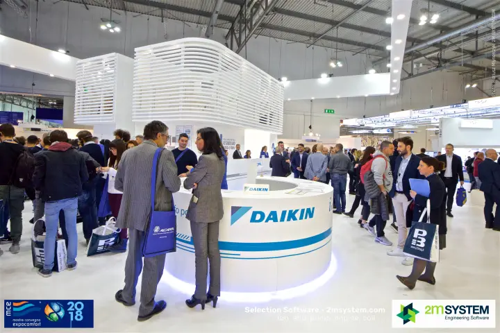 Visitors at the round Daikin information counter at MCE 2018