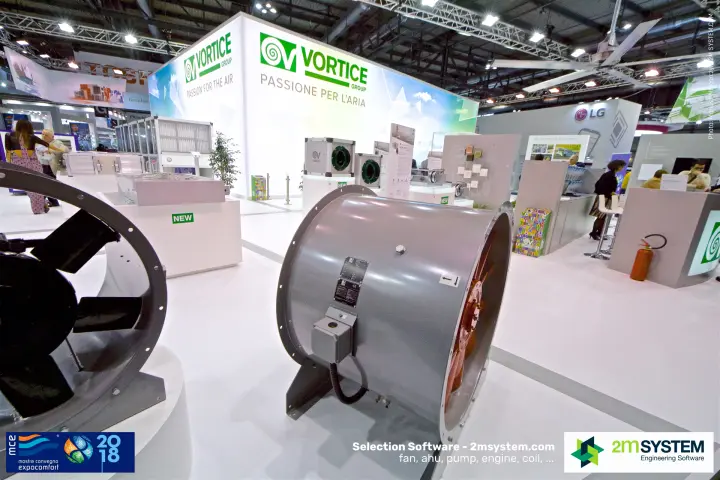 Vortice axial duct fans with red impeller in front of the stand